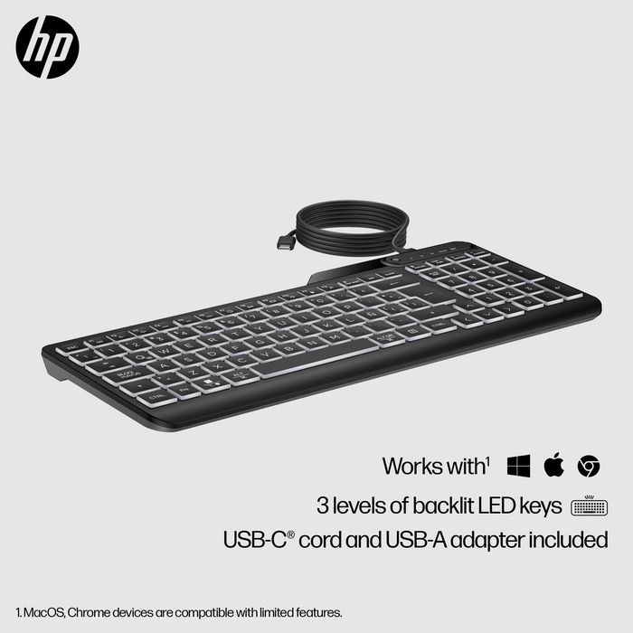 HP Clavier filaire rétroéclairé 400 avec touches programmables, LED réglable, connexion USB-C et USB-A, résistant aux éclaboussures, design durable