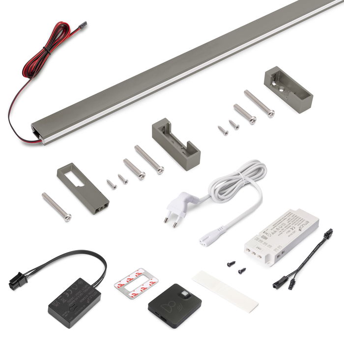 Emuca Kit barre pour armoire Luxe, ruban LED 4,5x8 Neonlynx V, détecteur de mouvement RF Smart et convertisseur Smart (24V DC), longueur 1.150mm, Lumière blanche chaude 2.700K, Aluminium et Plastique, Titane Emuca Kit barre pour armoire Luxe, ruban LED 4,5x8 Neonlynx V, détecteur de mouvement RF Smart et convertisseur Smart (24V DC), longueur 1.150mm, Lumière blanche chaude 2.700K, Aluminium et Plastique, Titane
