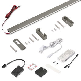 Emuca Kit barre pour armoire Luxe, ruban LED 4,5x8 Neonlynx V, détecteur de mouvement RF Smart et convertisseur Smart (24V DC), longueur 1.150mm, Lumière blanche chaude 2.700K, Aluminium et Plastique, Titane