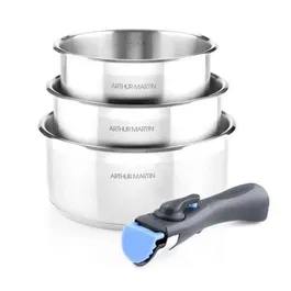 Arthur Martin Set de 3 casseroles AM3710 - 16, 18 et 20 cm - Acier inoxydable - Tous feux dont induction - Poignées amovibles