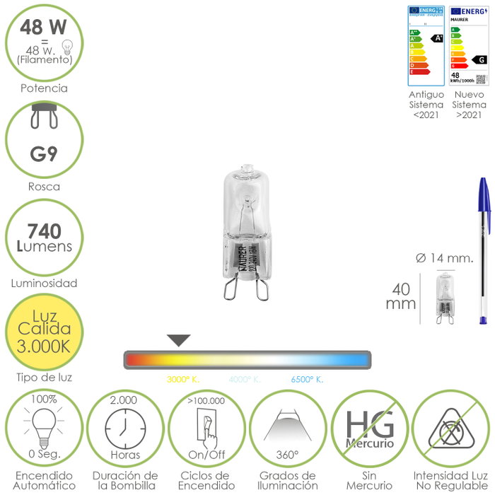 MAURER Ampoule Halogène G9 48 W 740 lm Lumière Chaude MAURER Ampoule Halogène G9 48 W 740 lm Lumière Chaude