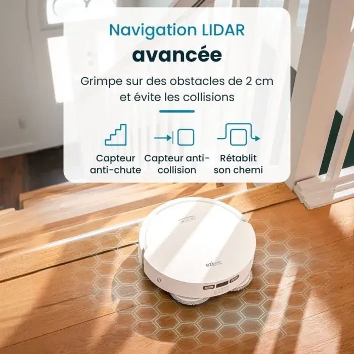 Eziclean All In One Z12 Ultra - Robot aspirateur et laveur connecté, base de vidage automatique, navigation LiDAR, 270 min d'autonomie, 14,4 V, réservoir 1,8 L, Blanc