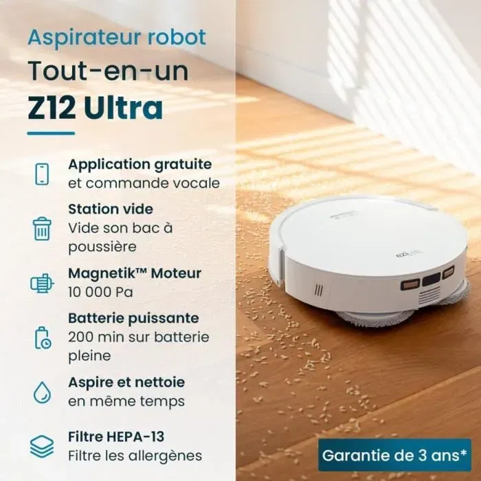 Eziclean All In One Z12 Ultra - Robot aspirateur et laveur connecté, base de vidage automatique, navigation LiDAR, 270 min d'autonomie, 14,4 V, réservoir 1,8 L, Blanc