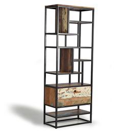 GINER Y COLOMER - Bibliothèque 1 porte battante en bois recyclé et métal noir - Noir et multicolore - 212 x 80 x 40 cm