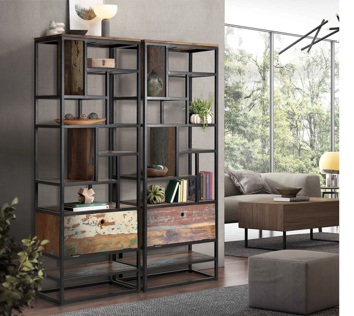 GINER Y COLOMER - Bibliothèque 1 porte battante en bois recyclé et métal noir - Noir et multicolore - 212 x 80 x 40 cm