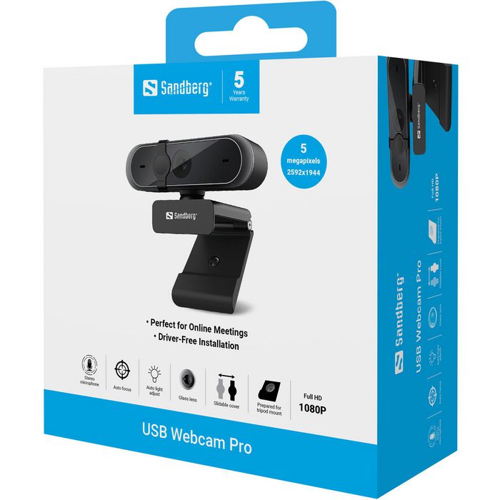 Sandberg Webcam Pro - Webcam USB Full HD 1080P avec couvercle de confidentialité et microphone stéréo