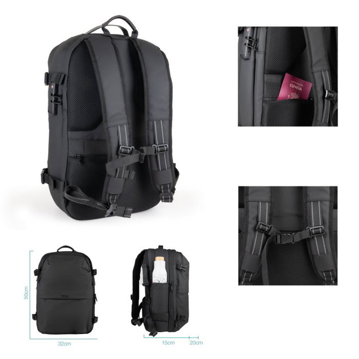 TooQ TQBP-V101-BK Sac à Dos de Voyage 30-55 L avec Compression Vide, Compartiment PC 17", Noir
