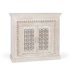 GINER Y COLOMER Buffet en bois de manguier massif sculpté main, finition blanc vieilli, 100x110x40 cm