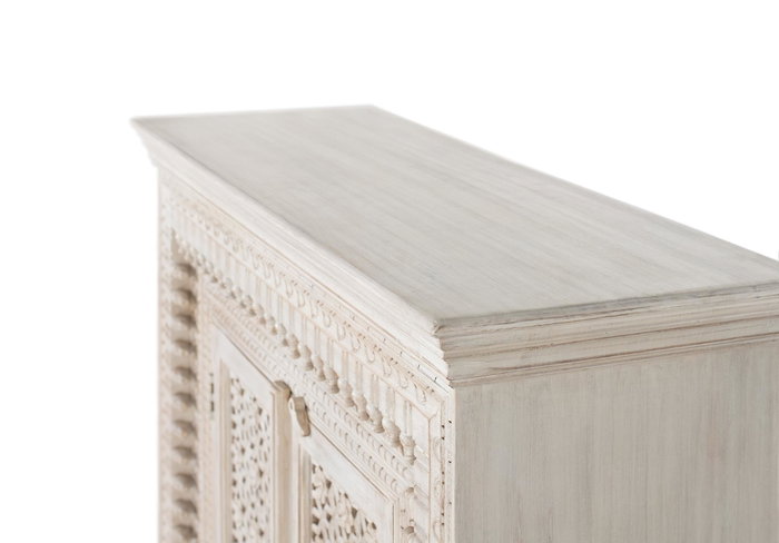 GINER Y COLOMER Buffet en bois de manguier massif sculpté main, finition blanc vieilli, 100x110x40 cm