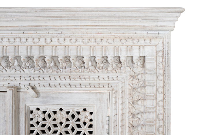 GINER Y COLOMER Buffet en bois de manguier massif sculpté main, finition blanc vieilli, 100x110x40 cm