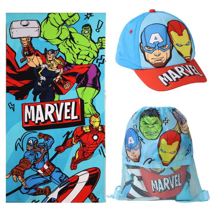 Los Vengadores Avengers Marvel Ensemble Serviette de Plage 70x140cm + Sac + Bonnet Set de Bain Polièster