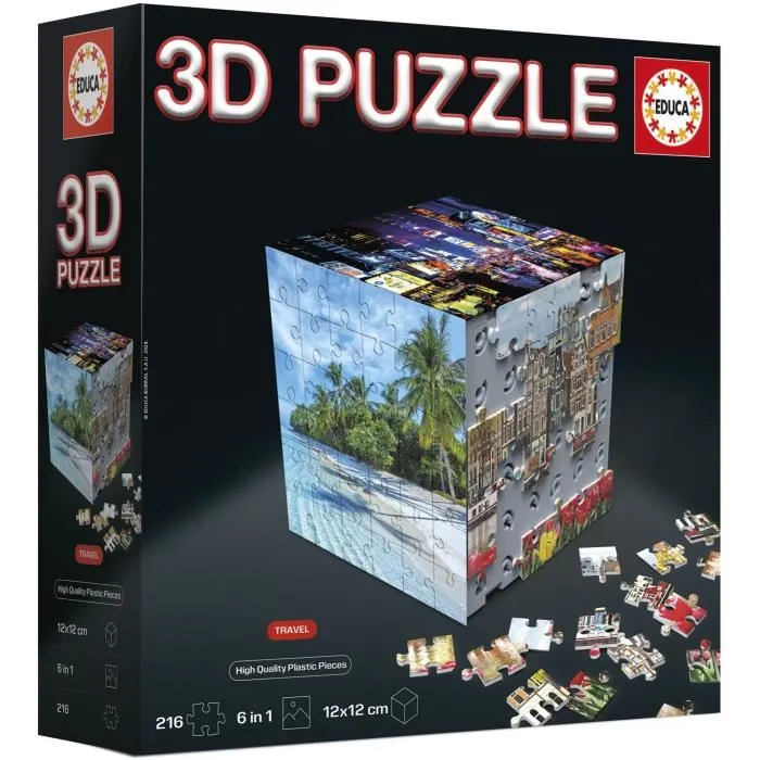 EDUCA Cube Voyage - Puzzle 3D avec 216 pièces - 6 puzzles de 36 pièces - Défi ludique pour enfants de 8 ans et plus - Réf. 20124