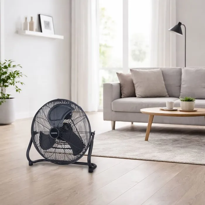 Ventilateur de sol industriel Oceanic - 120W, 3 vitesses, inclinable, 45 cm (pales) / 49 cm (grille), noir mat
