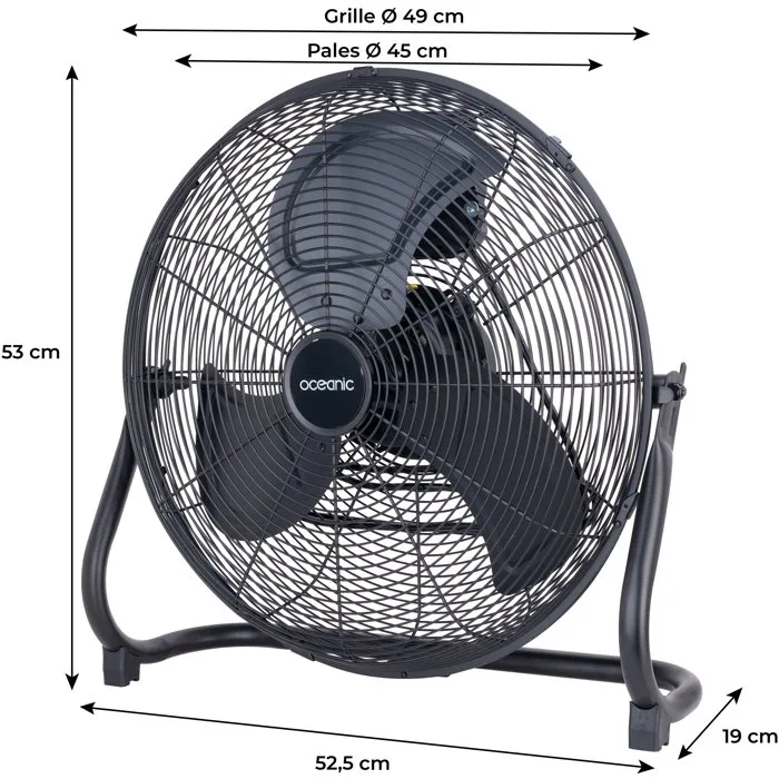Ventilateur de sol industriel Oceanic - 120W, 3 vitesses, inclinable, 45 cm (pales) / 49 cm (grille), noir mat