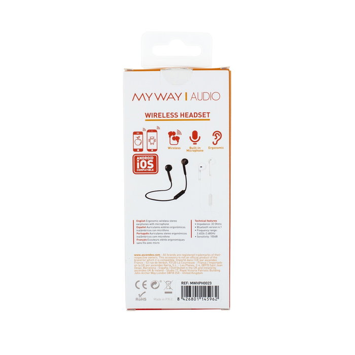 Myway MWHPH0023 Casque sans fil Bluetooth blanc - Oreillette ergonomique avec réduction de bruit