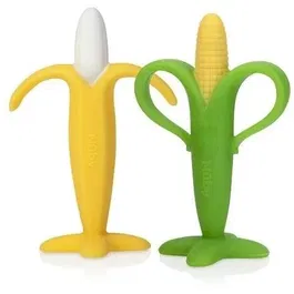 Nuby - Lot de 2 anneaux de dentition silicone - Formes Banane et Mais - Pour bébés dès 3 mois - Apaisement des gencives