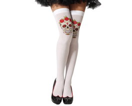 Collants blancs avec crânes Catrina et fleurs pour femme
