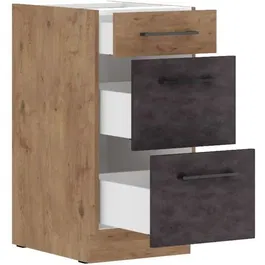 ROCK - Meuble casserolier 3 tiroirs Chene Lancelot Gris Matera - 40 x 82 cm - Meuble de rangement cuisine moderne