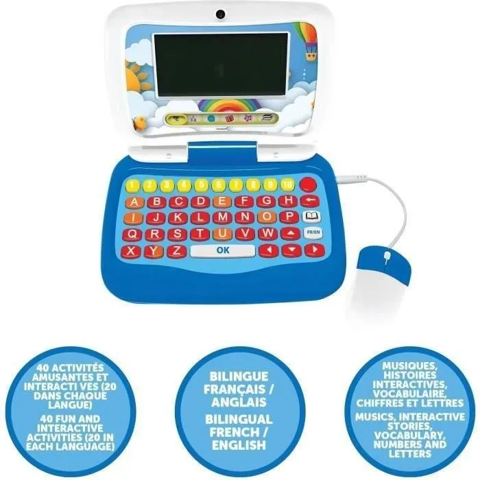 Lexibook - Ordinateur portable éducatif parlant bilingue Français/Anglais pour enfants - 40 activités en 6 catégories : ABC, 123, ChatFun, Jeux, Musique