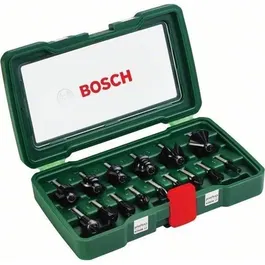Bosch Coffret de 15 fraises au carbure de tungstène queue 8mm, 2 fraises à arrondir, affleurer, feuillurer, chanfreiner, canneler, rainurer, profiler, rainure en V, queue d'aronde
