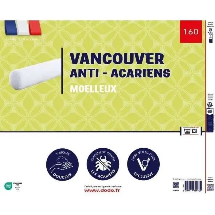 Dodo Traversin anti-acariens Vancouver 160 cm - Enveloppe microfibre douce - Garnissage fibres Volupt'Air - Lavable machine - Fabriqué en France