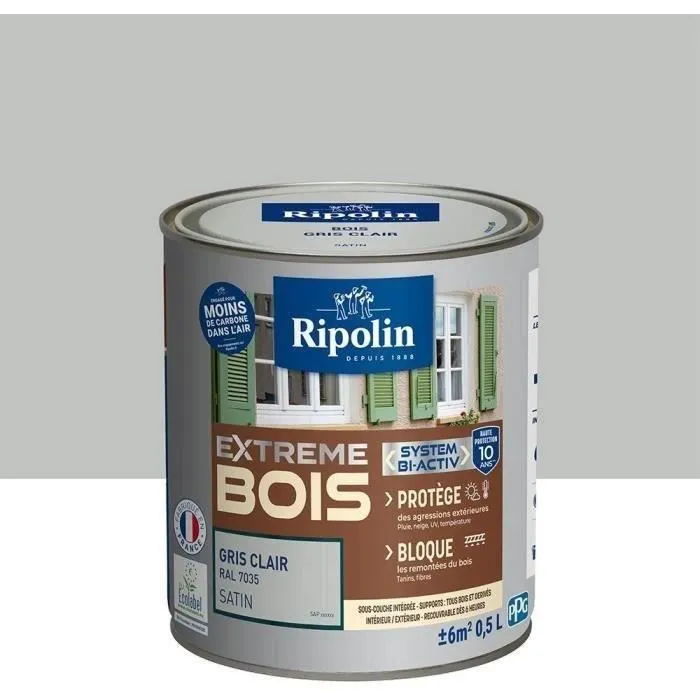 Ripolin Peinture Bois Satin Haute Protection 10 ans, Gris Clair - Application directe sans sous-couche, intérieur/extérieur, certifiée EU Ecolabel A+, ultra couvrante