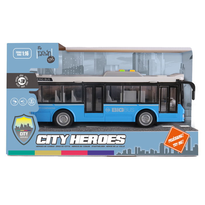 Tachan Autobus touristique rouge à impulsion avec son et lumières 1:16, fonctionne avec 3 piles AG13 incluses, pour enfants de 3 ans et plus