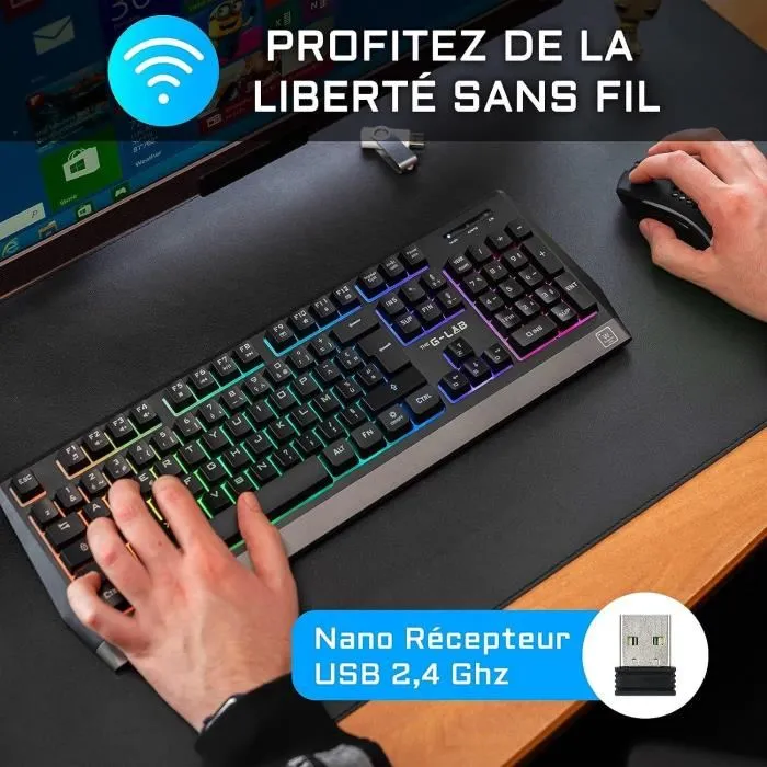 The G-Lab Combo Tungsten - Pack Gamer 2 en 1 avec Clavier et Souris Sans Fil RGB, Autonomie 30h, Souris 2400 DPI