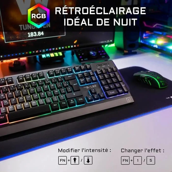 The G-Lab Combo Tungsten - Pack Gamer 2 en 1 avec Clavier et Souris Sans Fil RGB, Autonomie 30h, Souris 2400 DPI