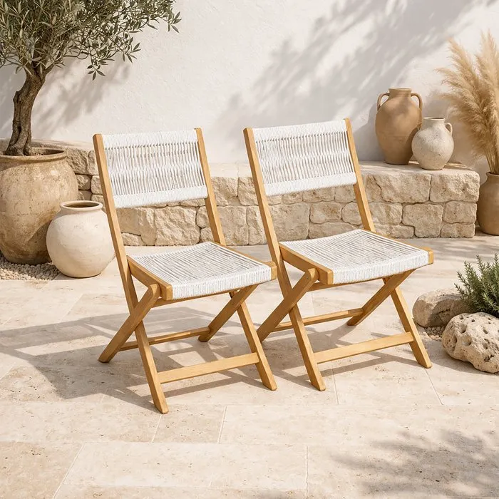 AWANA Lot de 2 chaises de jardin pliantes - Bois d'acacia certifié FSC avec cordage tressé - 52 x 48 x 85 cm
