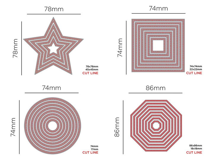 Misskuty Set de 4 Emporte-pièces fins ZAG Étoiles, Cercles, Carrés et Hexagones