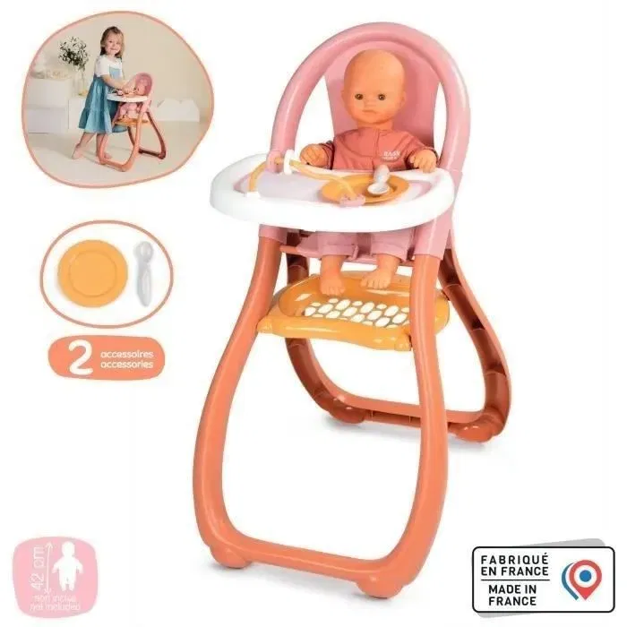 Smoby Chaise haute pour poupon Baby Nurse - Imite les parents avec cuillère et assiette - Fabrication française - Dès 18 mois