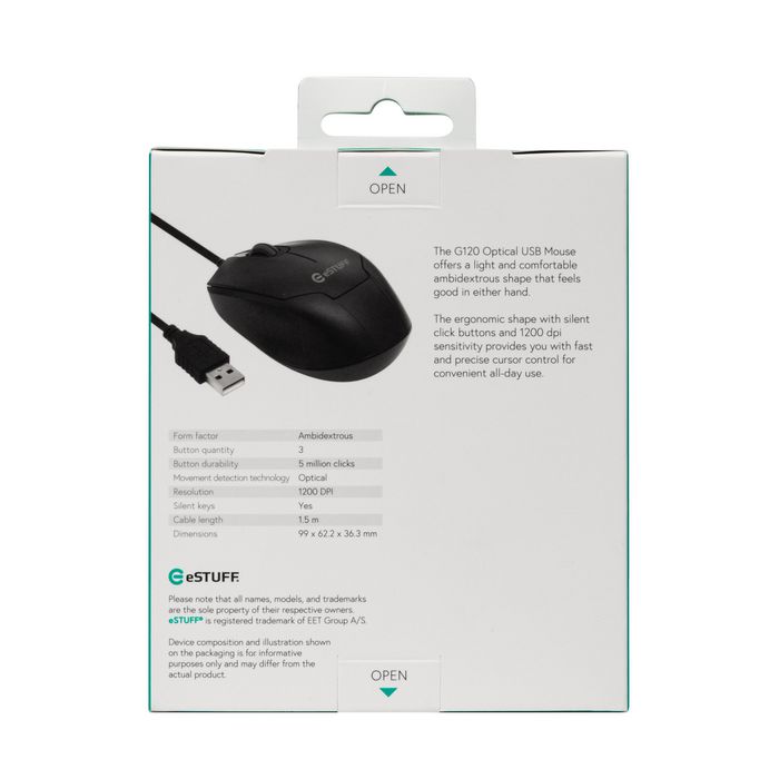 eSTUFF G120 Souris optique filaire USB ambidextre, 1200 DPI, boutons silencieux, ergonomique eSTUFF G120 Souris optique filaire USB ambidextre, 1200 DPI, boutons silencieux, ergonomique
