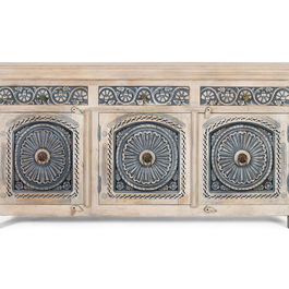 GINER Y COLOMER - Buffet en bois de manguier massif blanc lavé et bleu avec 3 tiroirs et 3 portes - Meuble de rangement artisanal