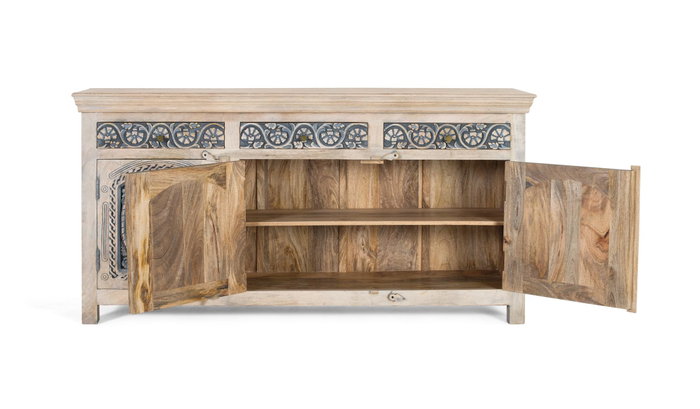 GINER Y COLOMER - Buffet en bois de manguier massif blanc lavé et bleu avec 3 tiroirs et 3 portes - Meuble de rangement artisanal GINER Y COLOMER - Buffet en bois de manguier massif blanc lavé et bleu avec 3 tiroirs et 3 portes - Meuble de rangement artisanal