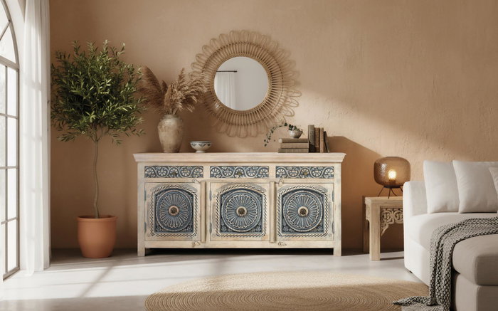 GINER Y COLOMER - Buffet en bois de manguier massif blanc lavé et bleu avec 3 tiroirs et 3 portes - Meuble de rangement artisanal GINER Y COLOMER - Buffet en bois de manguier massif blanc lavé et bleu avec 3 tiroirs et 3 portes - Meuble de rangement artisanal