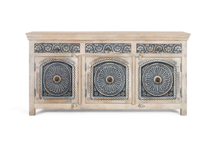 GINER Y COLOMER - Buffet en bois de manguier massif blanc lavé et bleu avec 3 tiroirs et 3 portes - Meuble de rangement artisanal GINER Y COLOMER - Buffet en bois de manguier massif blanc lavé et bleu avec 3 tiroirs et 3 portes - Meuble de rangement artisanal