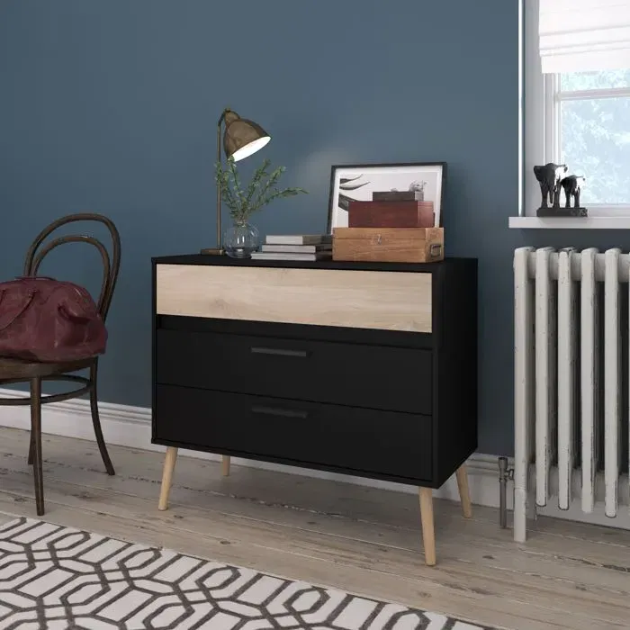 Parisot Commode AALBORG 3 tiroirs Scandinave en noir et chêne L90.8 x P39.9 x H77.5 cm