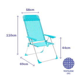 Marbueno Chaise Pliante 5 Positions Aluminium avec Coussin Bleu Mer Plage et Piscine 69x58x110 cm 10311