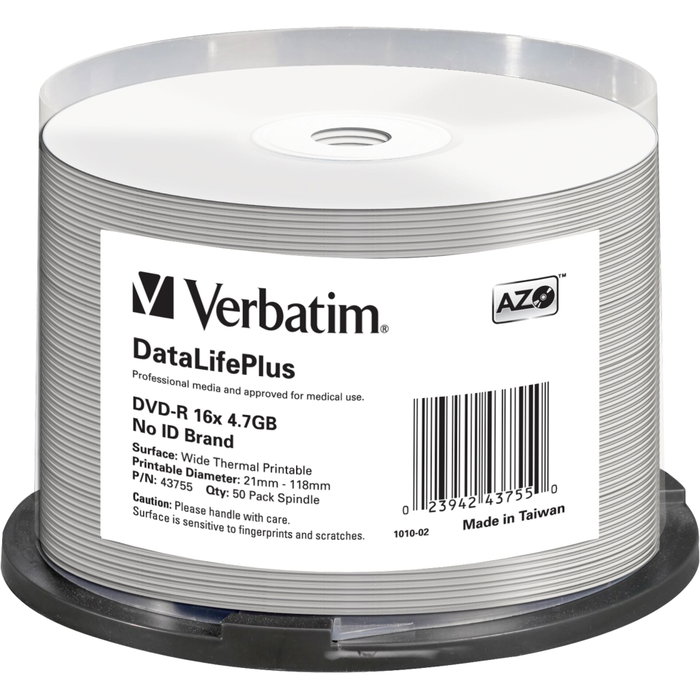 Verbatim DVD-R 4,7GB 16x blanc large surface thermique imprimable pack de 50 Verbatim DVD-R 4,7GB 16x blanc large surface thermique imprimable pack de 50