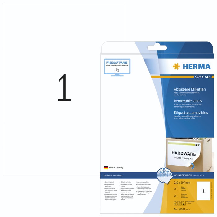 Herma Étiquettes amovibles 210x297 mm blanches, 25 feuilles Herma Étiquettes amovibles 210x297 mm blanches, 25 feuilles