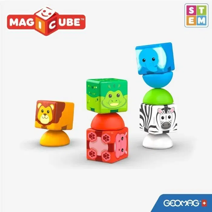 Geomag Magicube 305 Blocs Magnétiques Safari Éducatifs 10 Pièces, Animaux Lion Girafe Éléphant, Construction 3D Pour Enfants 1 à 5 Ans, Fabriqué en Suisse