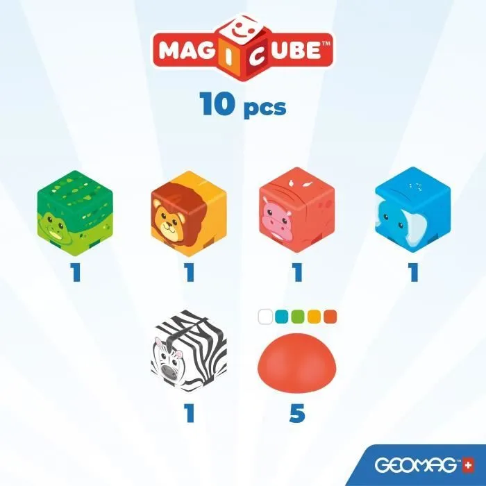 Geomag Magicube 305 Blocs Magnétiques Safari Éducatifs 10 Pièces, Animaux Lion Girafe Éléphant, Construction 3D Pour Enfants 1 à 5 Ans, Fabriqué en Suisse