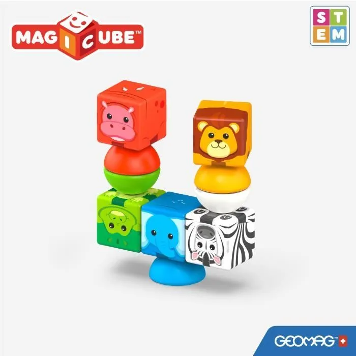 Geomag Magicube 305 Blocs Magnétiques Safari Éducatifs 10 Pièces, Animaux Lion Girafe Éléphant, Construction 3D Pour Enfants 1 à 5 Ans, Fabriqué en Suisse