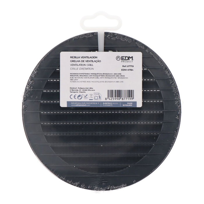 Edm Réf. Rejilla ventilación redonda empotrable ABS diamètre 150mm gris antracite avec moustiquaire