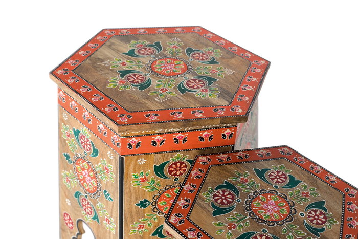 GINER Y COLOMER Lot de 2 Tabourets en Bois de Mango, Peints à la Main avec Motifs Floraux et Formes Géométriques, Design Hexagonal Bohème, Multicolore