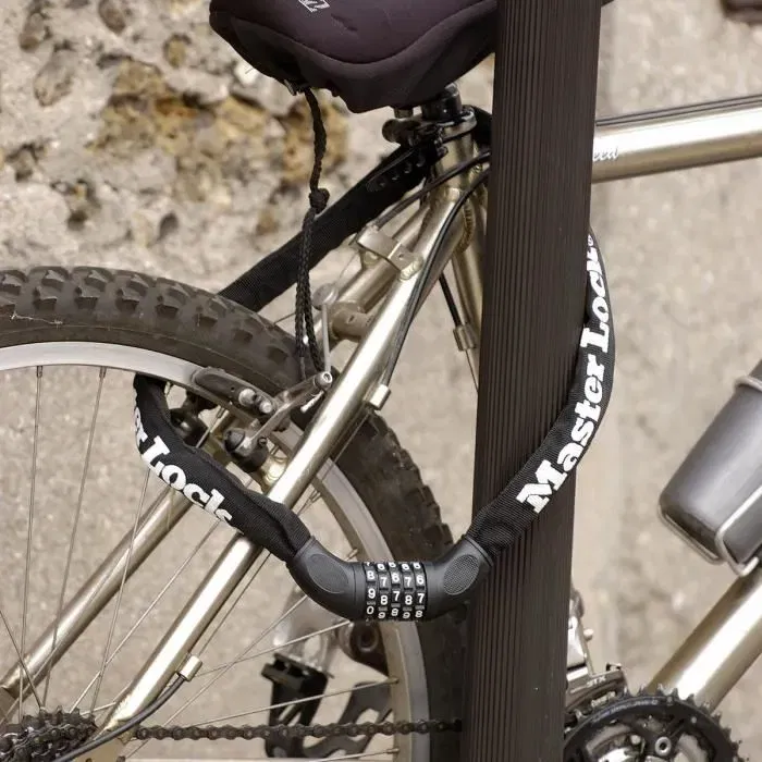 Master Lock Antivols Chaîne VTT/Vélo de Ville 90cm Réf. 8392EURDPRO - Antivol à Combinaison 4 Chiffres, Câble Acier Cémenté Gainé Nylon