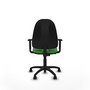 Chaise de bureau Algarra avec mécanisme de contact permanent de base, recouverte de tissu vert. Équipée d'une base en polyamide noir, d'accoudoirs 1D et de roulettes en nylon de 50 mm.