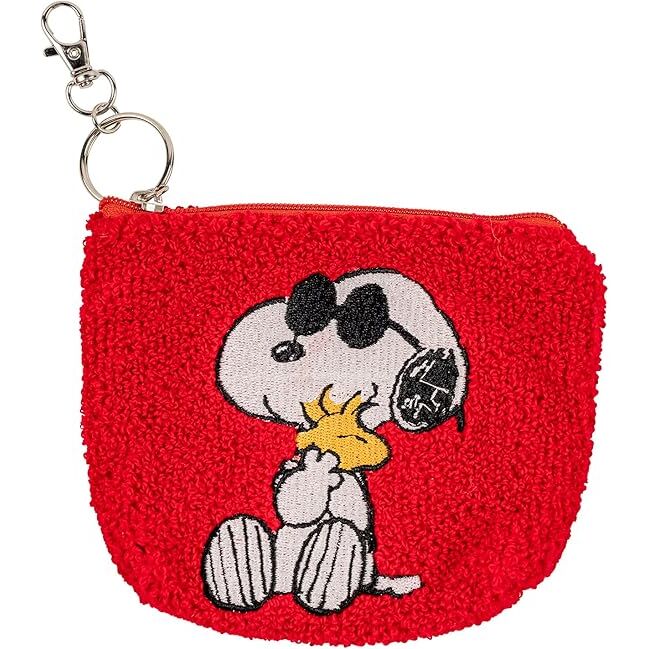 PEERS HARDY Porte-monnaie porte-clés avec design Snoopy en broderie sur monnaie rouge pelucheux et fermeture zip, avec mousqueton argenté