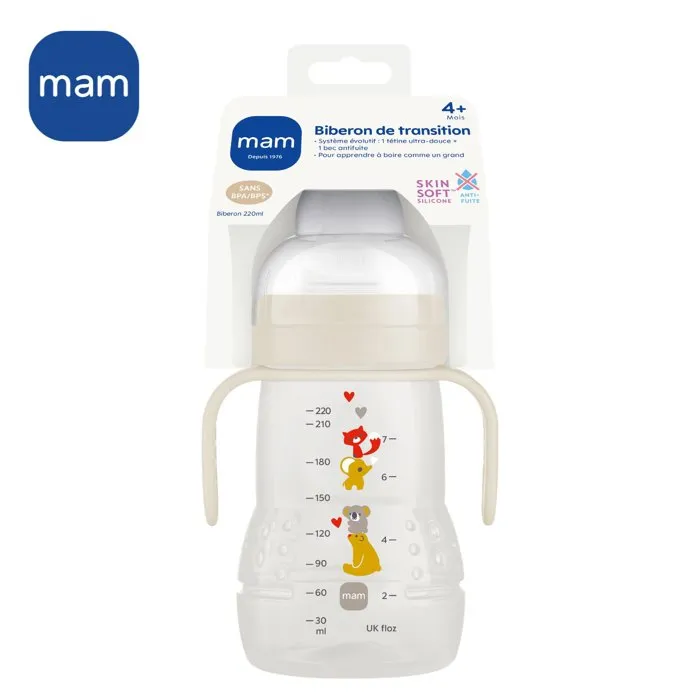 MAM Biberon de Transition +4 Mois Vert 220 ml avec Tétine et Bec Souple Antifuite et Anses Apprentissage - Dégagement Goutte